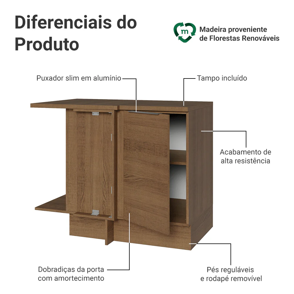 Balcão de Canto Madesa Stella 1 Porta 60 cm Profundidade (Com Tampo) Rustic - Image 3