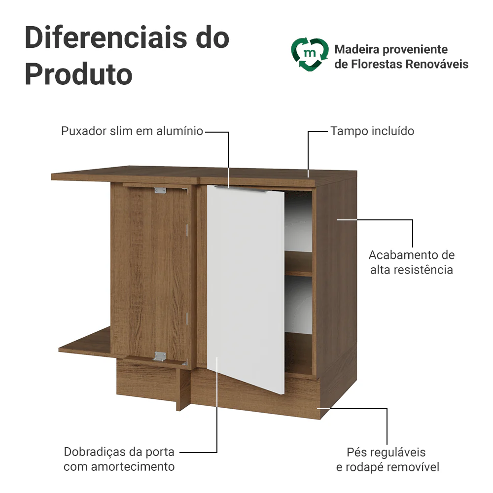 Balcão de Canto Madesa Stella 1 Porta 60 cm Profundidade (Com Tampo) Rustic/Branco - Image 3