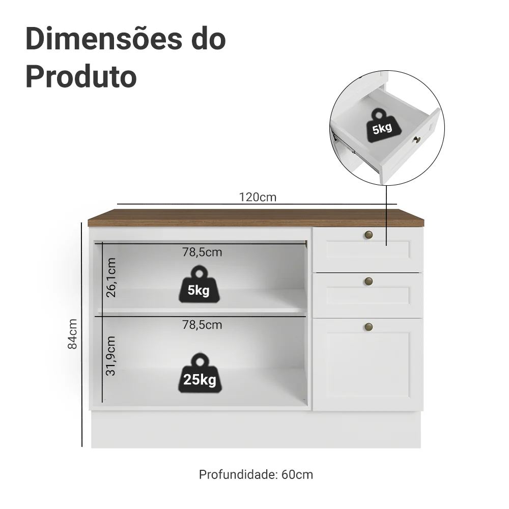 Balcão de Cozinha 120 x 60 cm 2 Portas 3 Gavetas (Com Tampo) Branco/Rustic Vik Madesa - Image 2