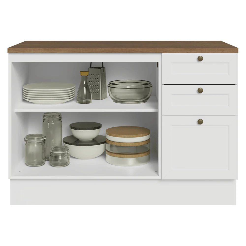 Balcão de Cozinha 120 x 60 cm 2 Portas 3 Gavetas (Com Tampo) Branco/Rustic Vik Madesa - Image 4