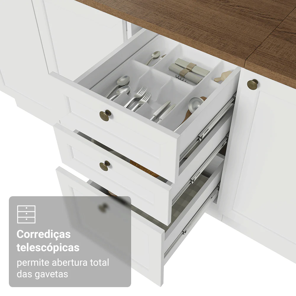 Balcão de Cozinha 120 x 60 cm 2 Portas 3 Gavetas (Com Tampo) Branco/Rustic Vik Madesa - Image 7