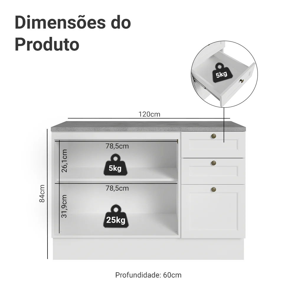 Balcão de Cozinha 120 x 60 cm 2 Portas 3 Gavetas (Com Tampo) Branco Vik Madesa - Image 2