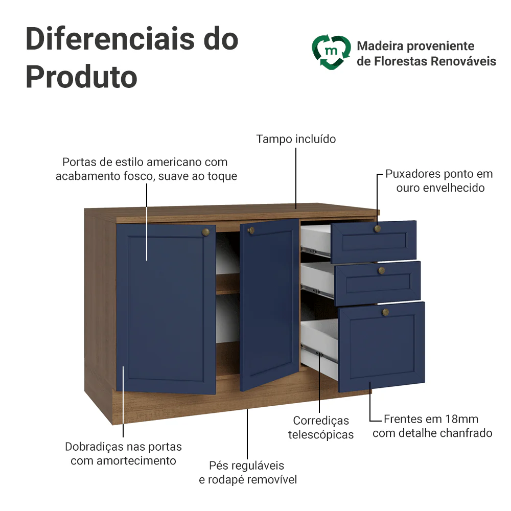 Balcão de Cozinha 120 x 60 cm 2 Portas 3 Gavetas (Com Tampo) Rustic/Azul Vik Madesa - Image 3