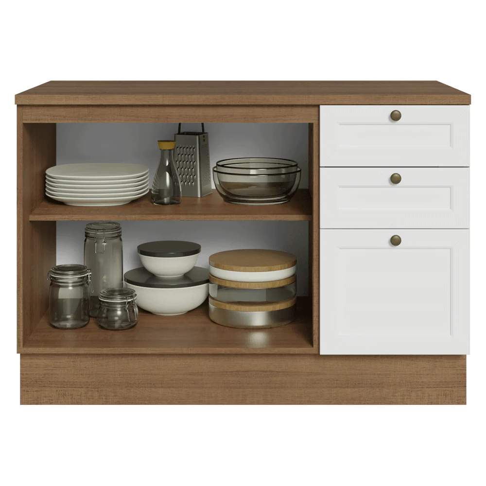 Balcão de Cozinha 120 x 60 cm 2 Portas 3 Gavetas (Com Tampo) Rustic/Branco Vik Madesa - Image 4
