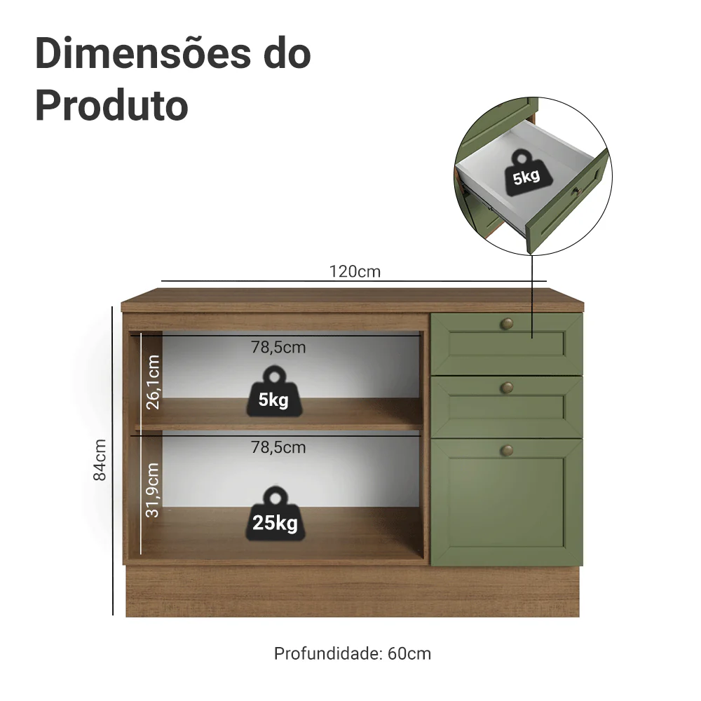 Balcão de Cozinha 120 x 60 cm 2 Portas 3 Gavetas (Com Tampo) Rustic/Verde Vik Madesa - Image 2