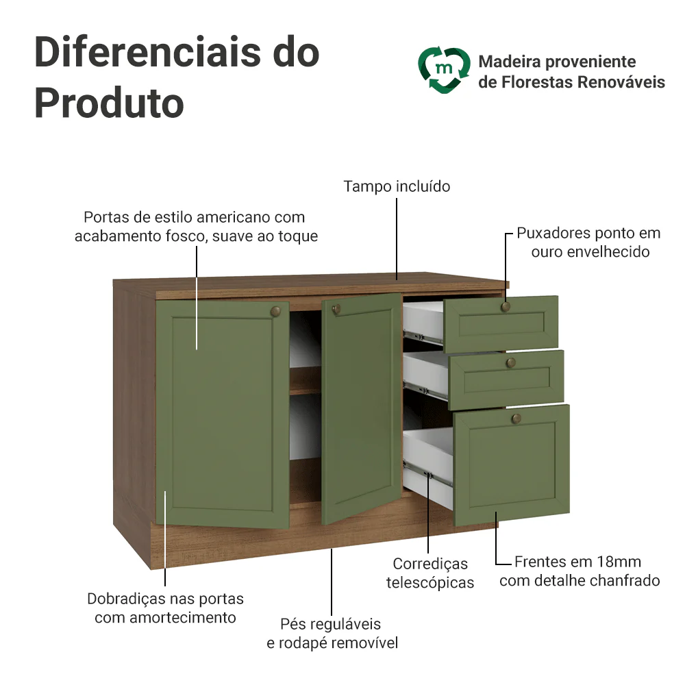 Balcão de Cozinha 120 x 60 cm 2 Portas 3 Gavetas (Com Tampo) Rustic/Verde Vik Madesa - Image 3