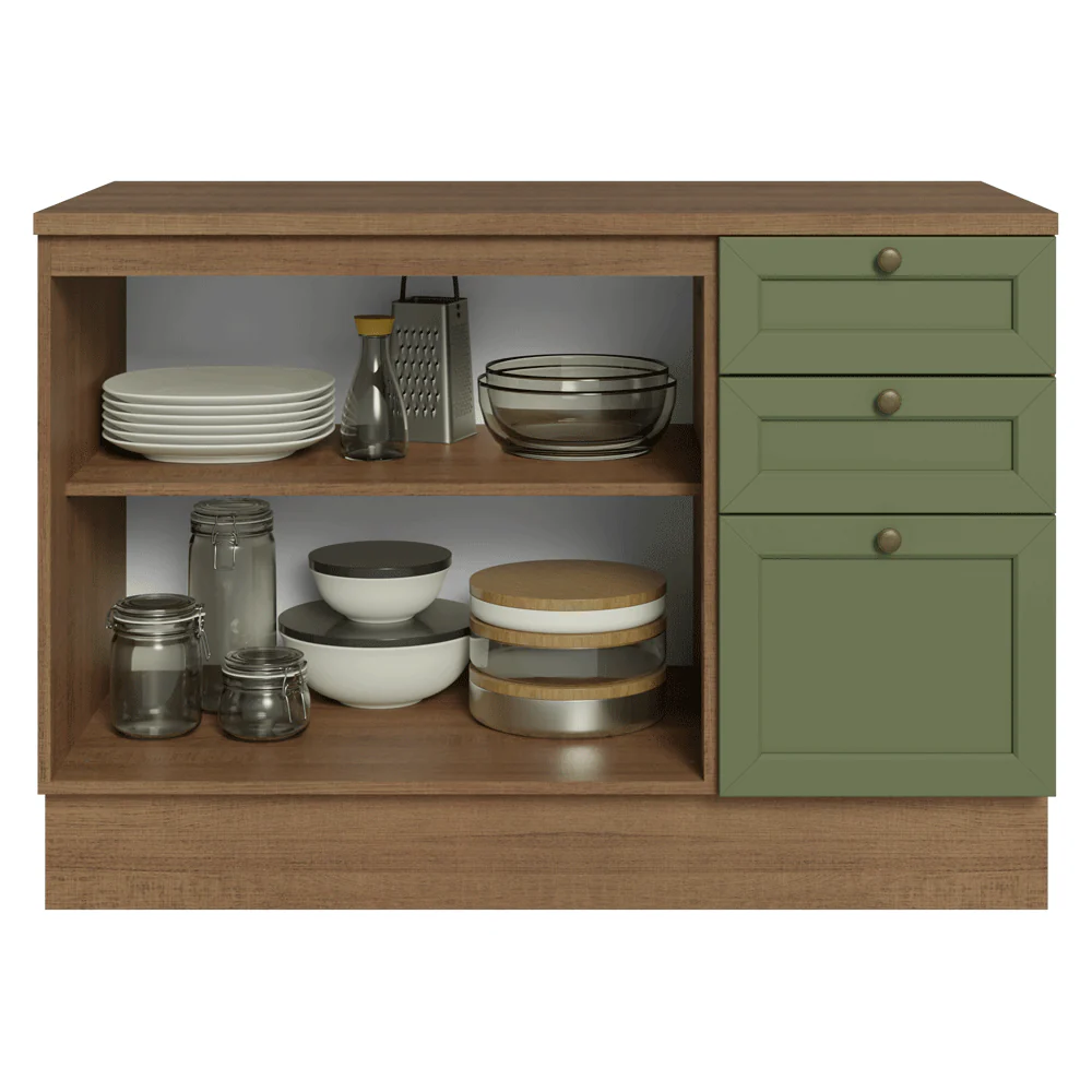 Balcão de Cozinha 120 x 60 cm 2 Portas 3 Gavetas (Com Tampo) Rustic/Verde Vik Madesa - Image 4