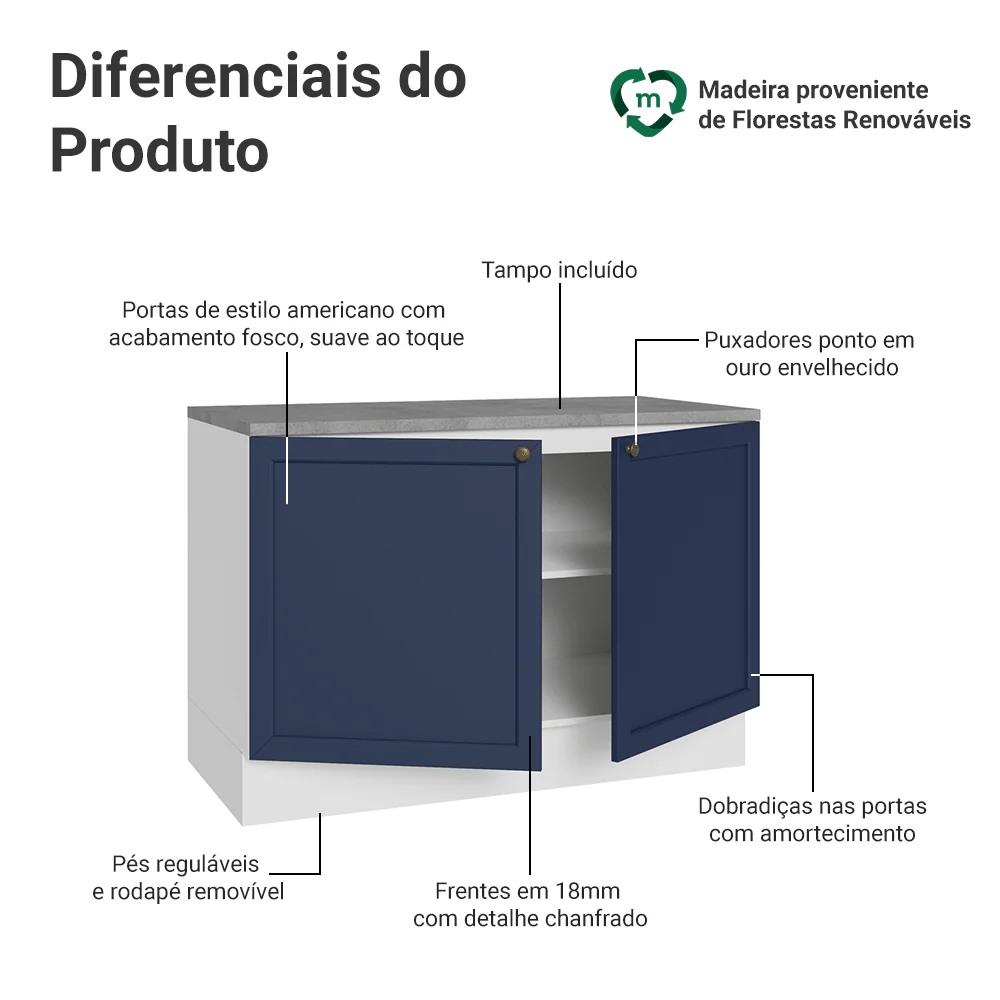 Balcão de Cozinha 120 x 60 cm 2 Portas (Com Tampo) Branco/Azul Vik Madesa - Image 3