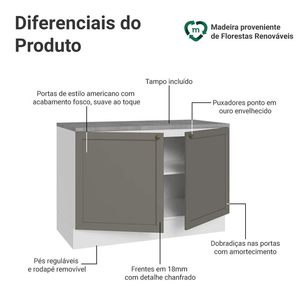 Balcão de Cozinha 120 x 60 cm 2 Portas (Com Tampo) Branco/Cinza Vik Madesa - Image 3