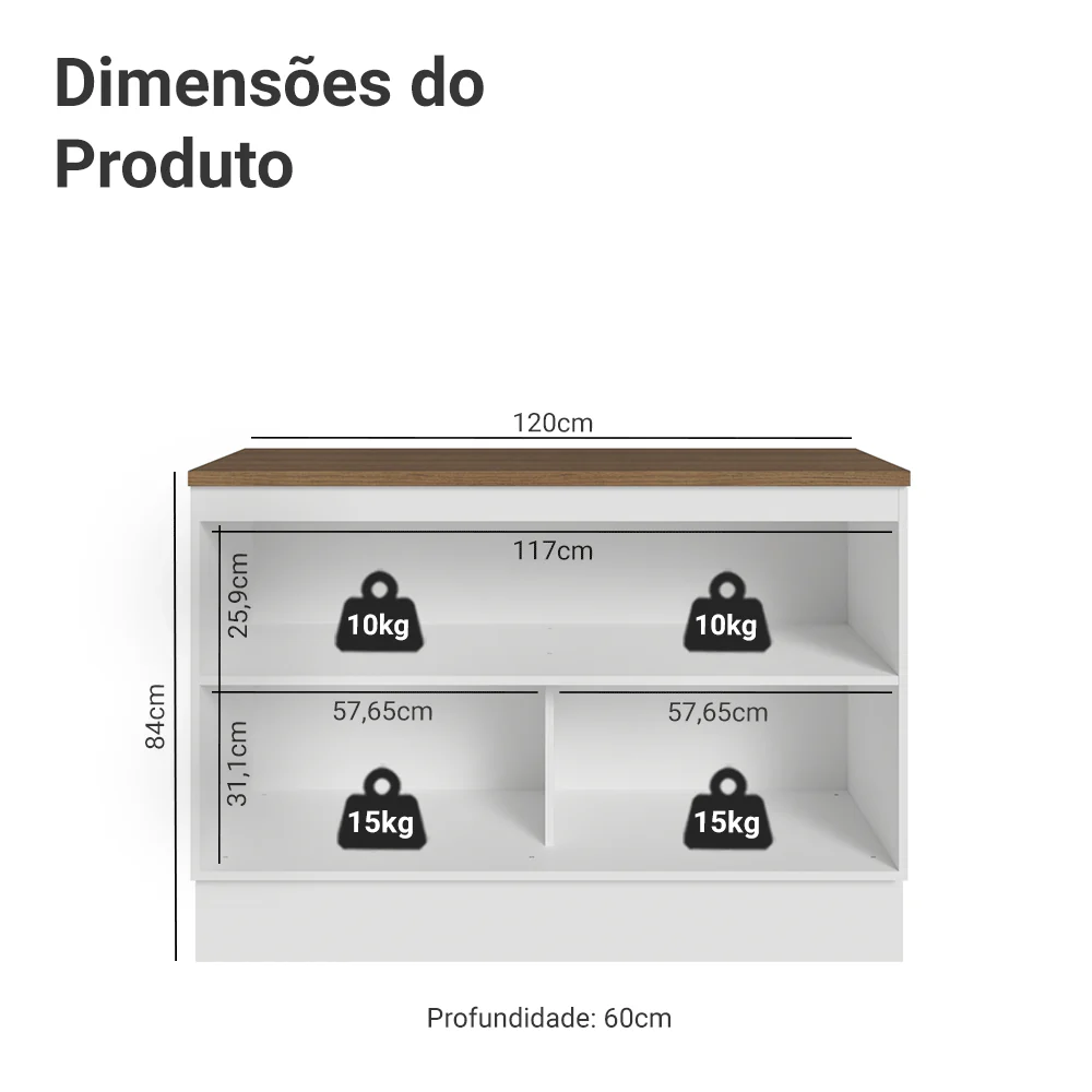 Balcão de Cozinha 120 x 60 cm 2 Portas (Com Tampo) Branco/Rustic Vik Madesa - Image 2