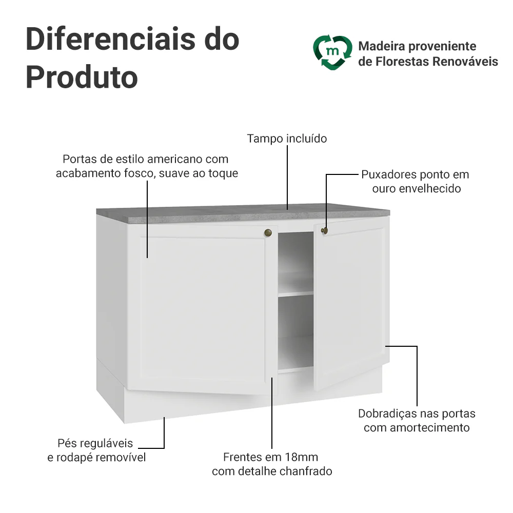 Balcão de Cozinha 120 x 60 cm 2 Portas (Com Tampo) Branco Vik Madesa - Image 3
