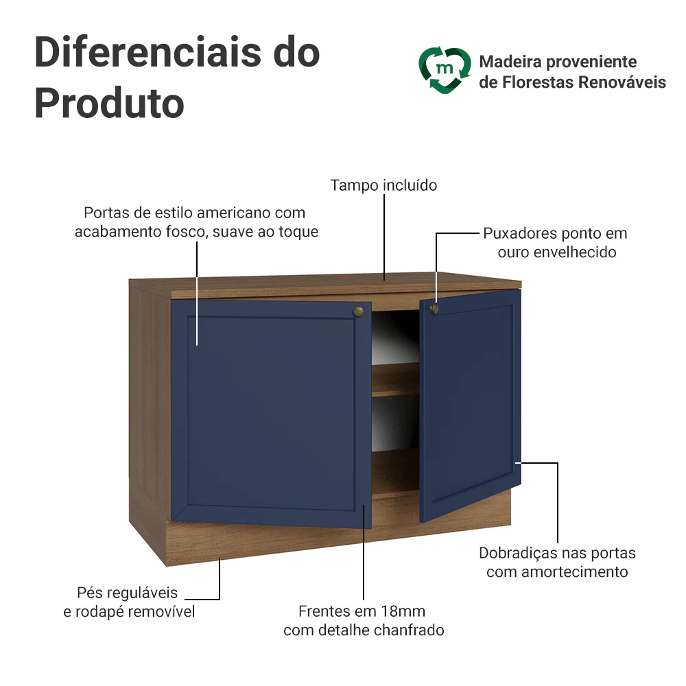 Balcão de Cozinha 120 x 60 cm 2 Portas (Com Tampo) Rustic/Azul Vik Madesa - Image 3