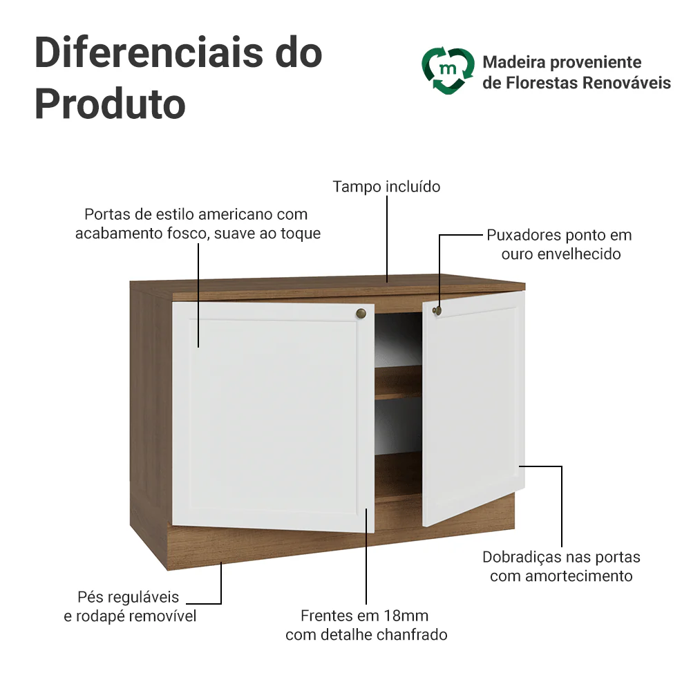 Balcão de Cozinha 120 x 60 cm 2 Portas (Com Tampo) Rustic/Branco Vik Madesa - Image 3