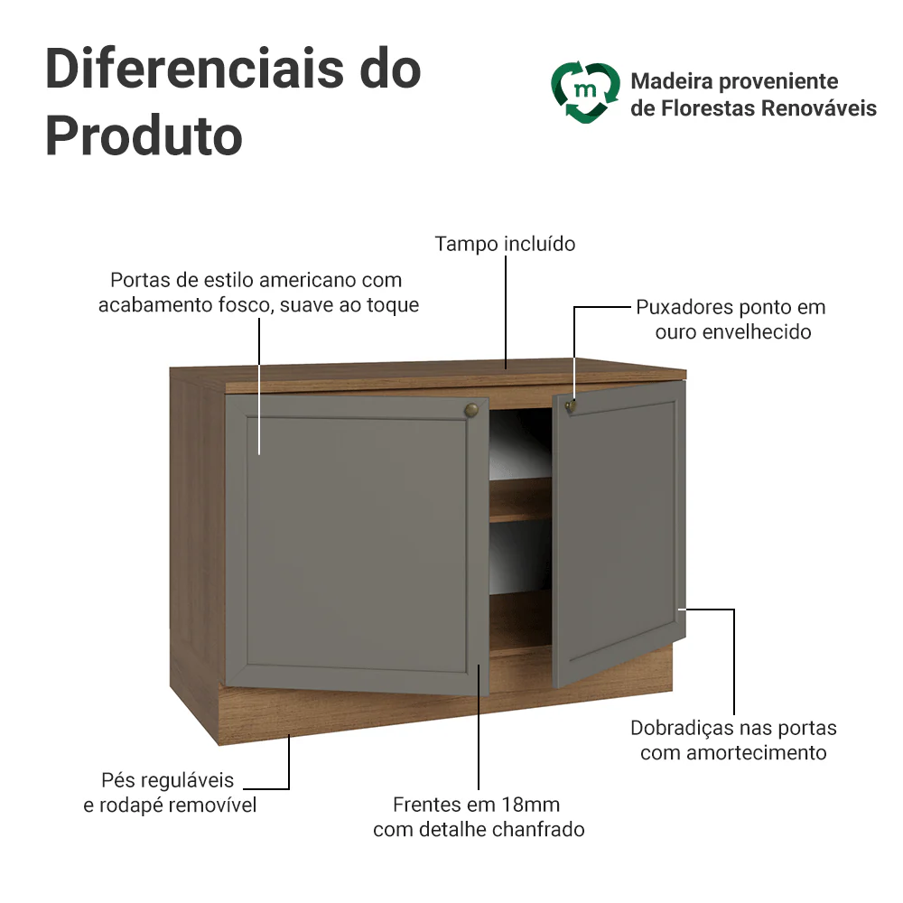 Balcão de Cozinha 120 x 60 cm 2 Portas (Com Tampo) Rustic/Cinza Vik Madesa - Image 3