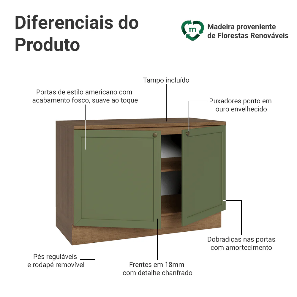 Balcão de Cozinha 120 x 60 cm 2 Portas (Com Tampo) Rustic/Verde Vik Madesa - Image 3