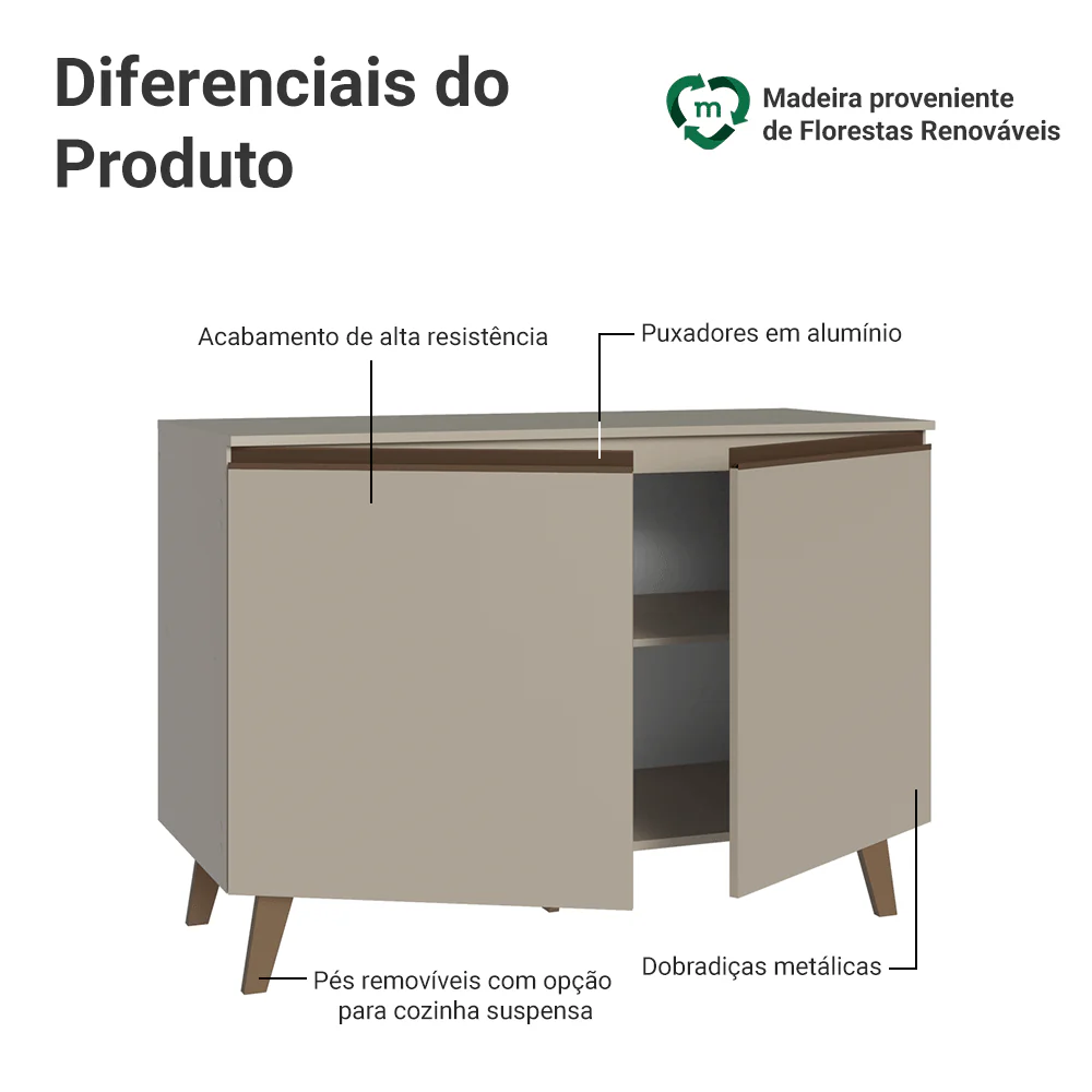 Balcão de Cozinha 120 cm 2 Portas Com Pés Crema Nice Madesa - Image 3