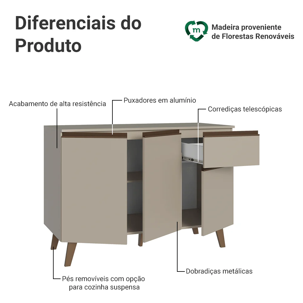 Balcão de Cozinha 120 cm 3 Portas 1 Gaveta Com Pés Crema Nice Madesa - Image 3