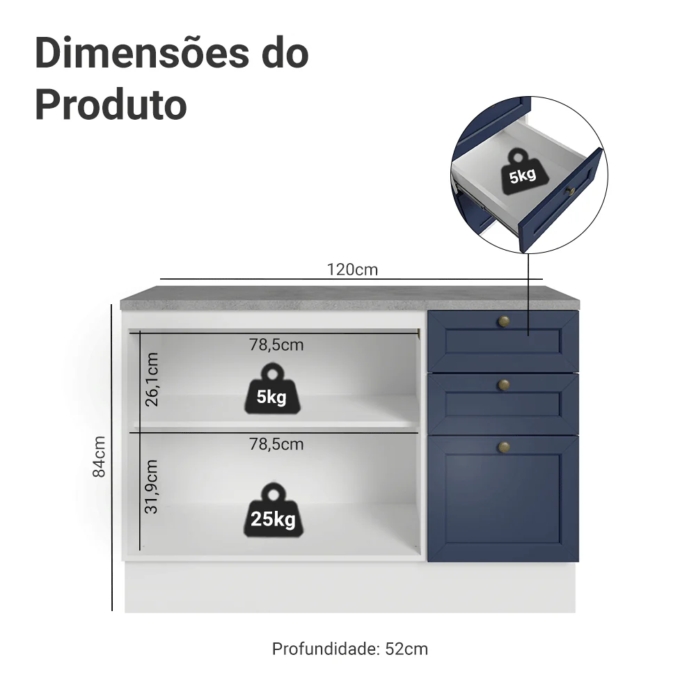Balcão de Cozinha 120 cm 2 Portas 3 Gavetas Branco/Azul Vik Madesa - Image 2
