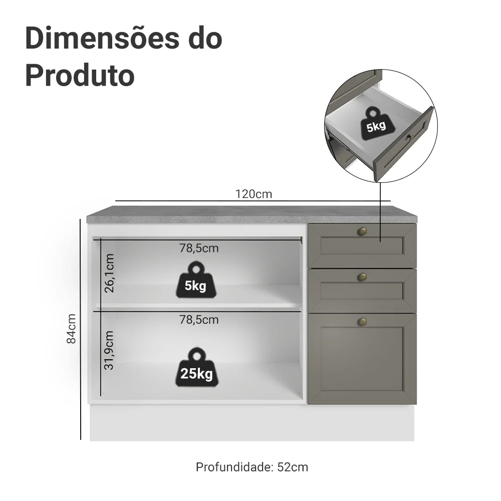 Balcão de Cozinha 120 cm 2 Portas 3 Gavetas Branco/Cinza Vik Madesa - Image 2