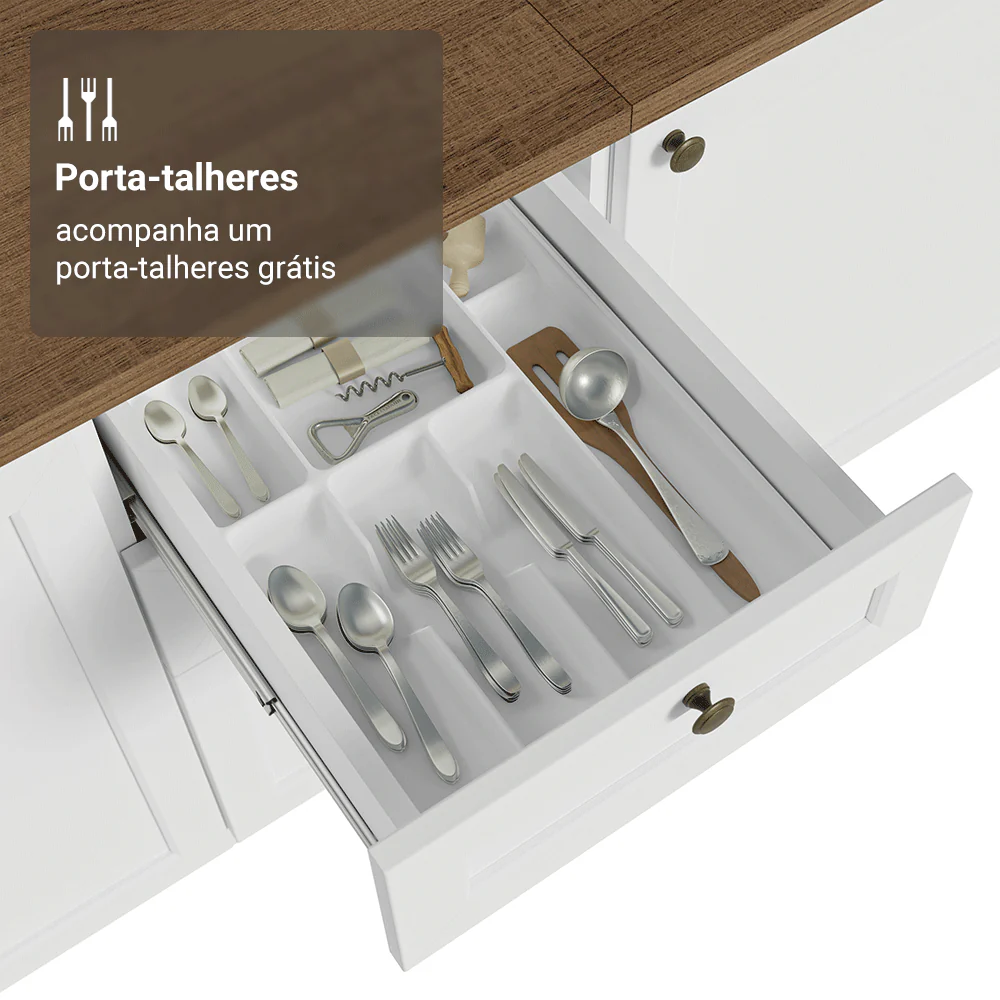 Balcão de Cozinha 120 cm 2 Portas 3 Gavetas Branco Tampo Rustic Vik Madesa - Image 7