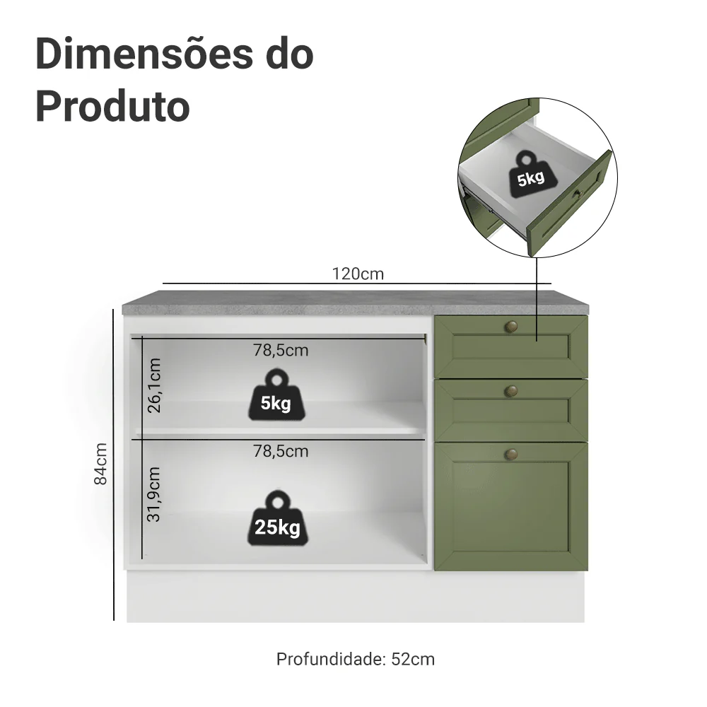 Balcão de Cozinha 120 cm 2 Portas 3 Gavetas Branco/Verde Vik Madesa - Image 2