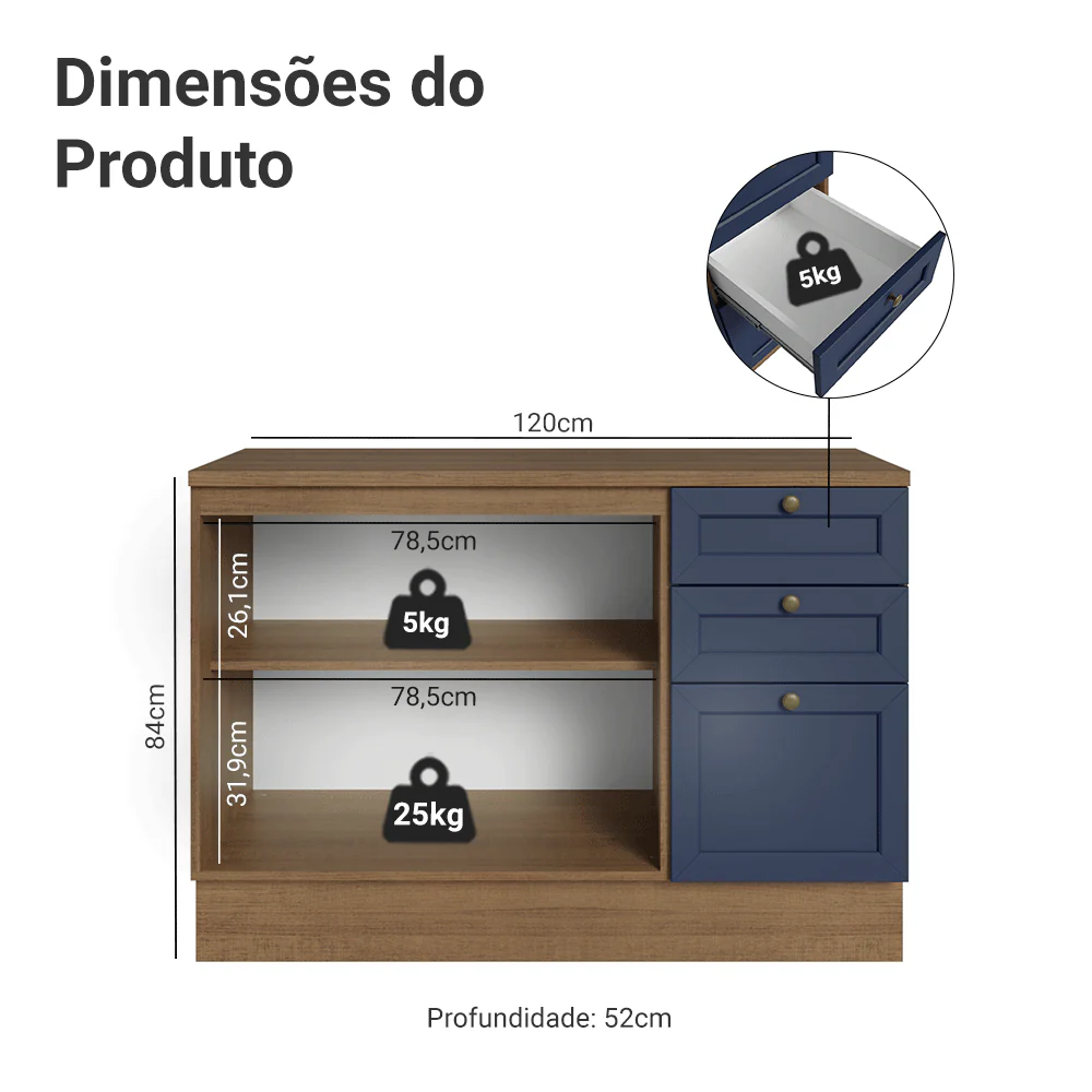 Balcão de Cozinha 120 cm 2 Portas 3 Gavetas Rustic/Azul Vik Madesa - Image 2