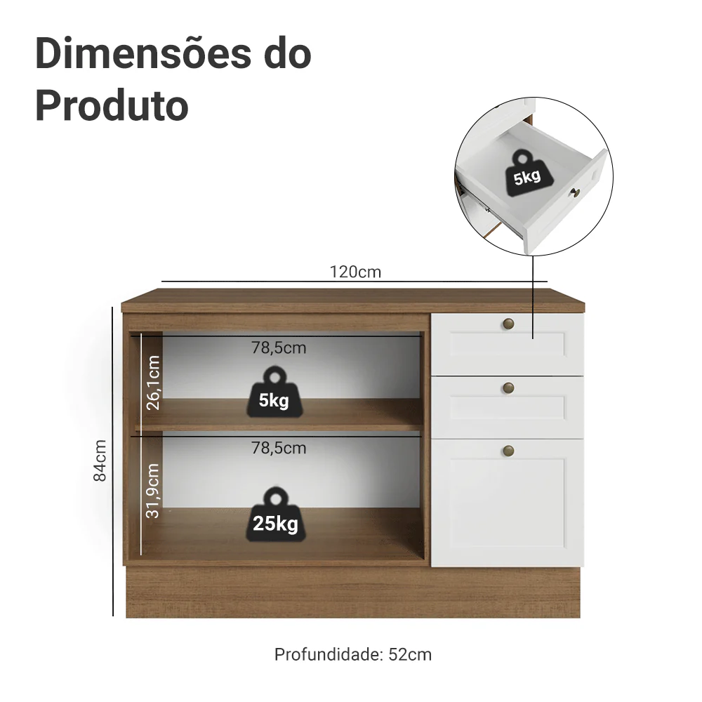 Balcão de Cozinha 120 cm 2 Portas 3 Gavetas Rustic/Branco Vik Madesa - Image 2