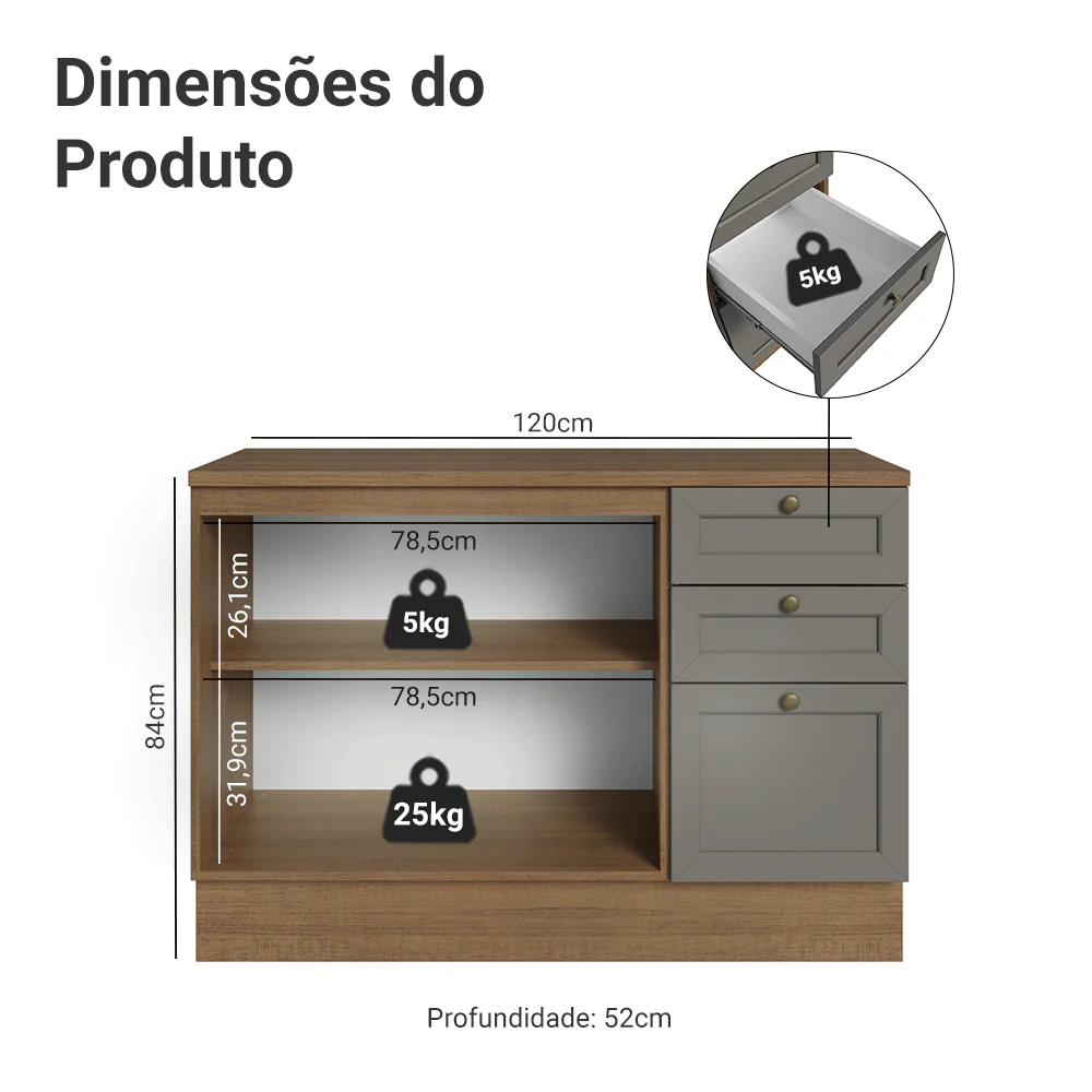 Balcão de Cozinha 120 cm 2 Portas 3 Gavetas Rustic/Cinza Vik Madesa - Image 2