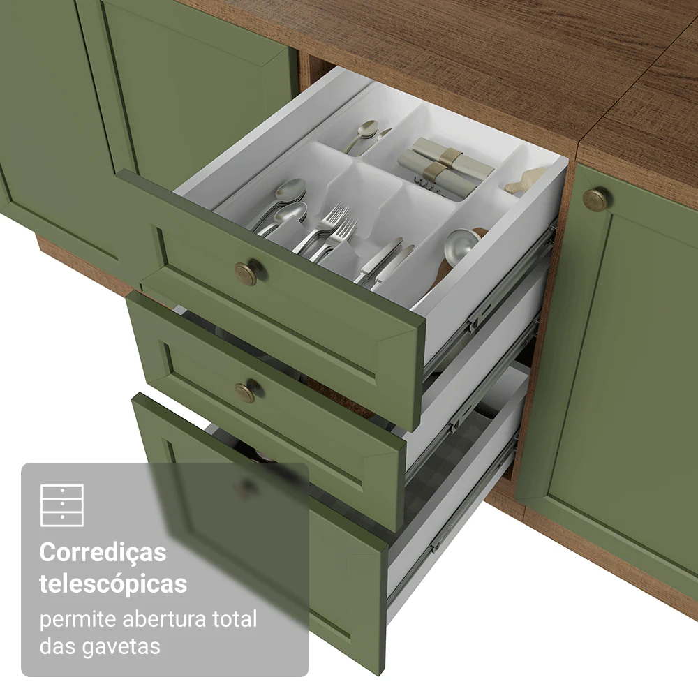 Balcão de Cozinha 120 cm 2 Portas 3 Gavetas Rustic/Verde Vik Madesa - Image 6
