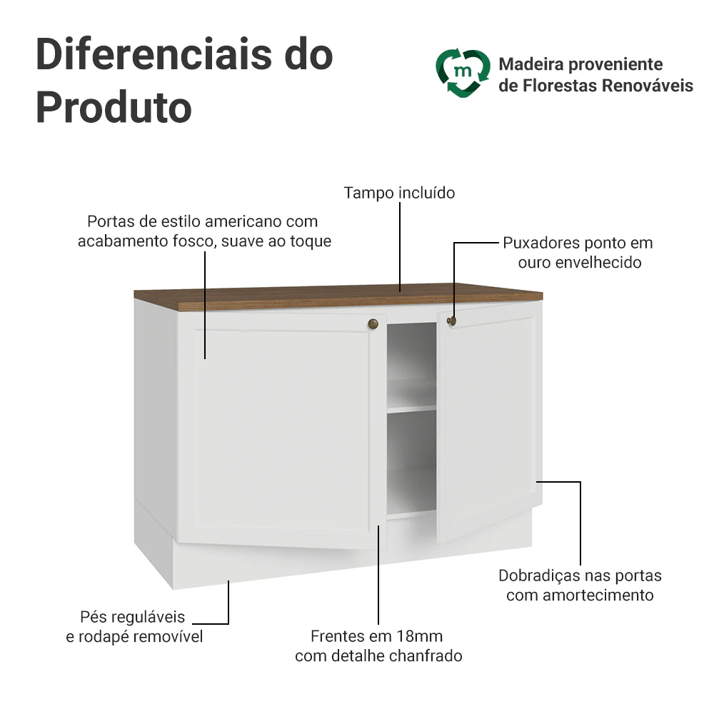 Balcão de Cozinha 120 cm 2 Portas Branco Tampo Rustic Vik Madesa - Image 3