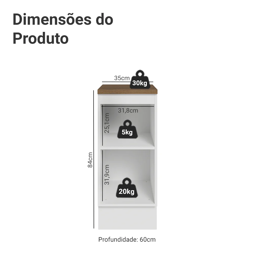 Balcão de Cozinha 35 x 60 cm 1 Porta (Com Tampo) Branco/Rustic Vik Madesa - Image 2