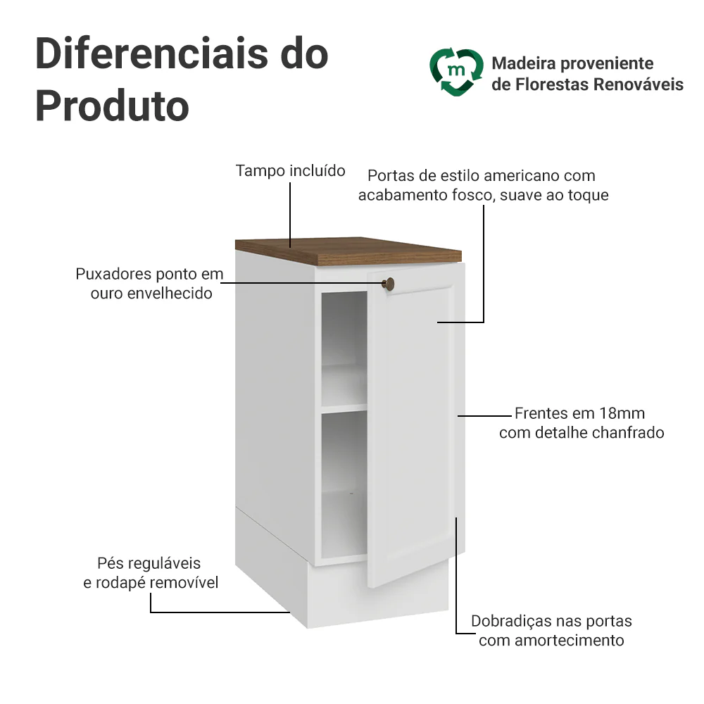 Balcão de Cozinha 35 x 60 cm 1 Porta (Com Tampo) Branco/Rustic Vik Madesa - Image 3