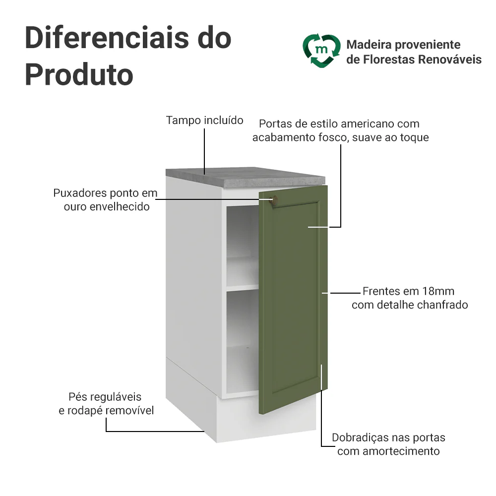 Balcão de Cozinha 35 x 60 cm 1 Porta (Com Tampo) Branco/Verde Vik Madesa - Image 3
