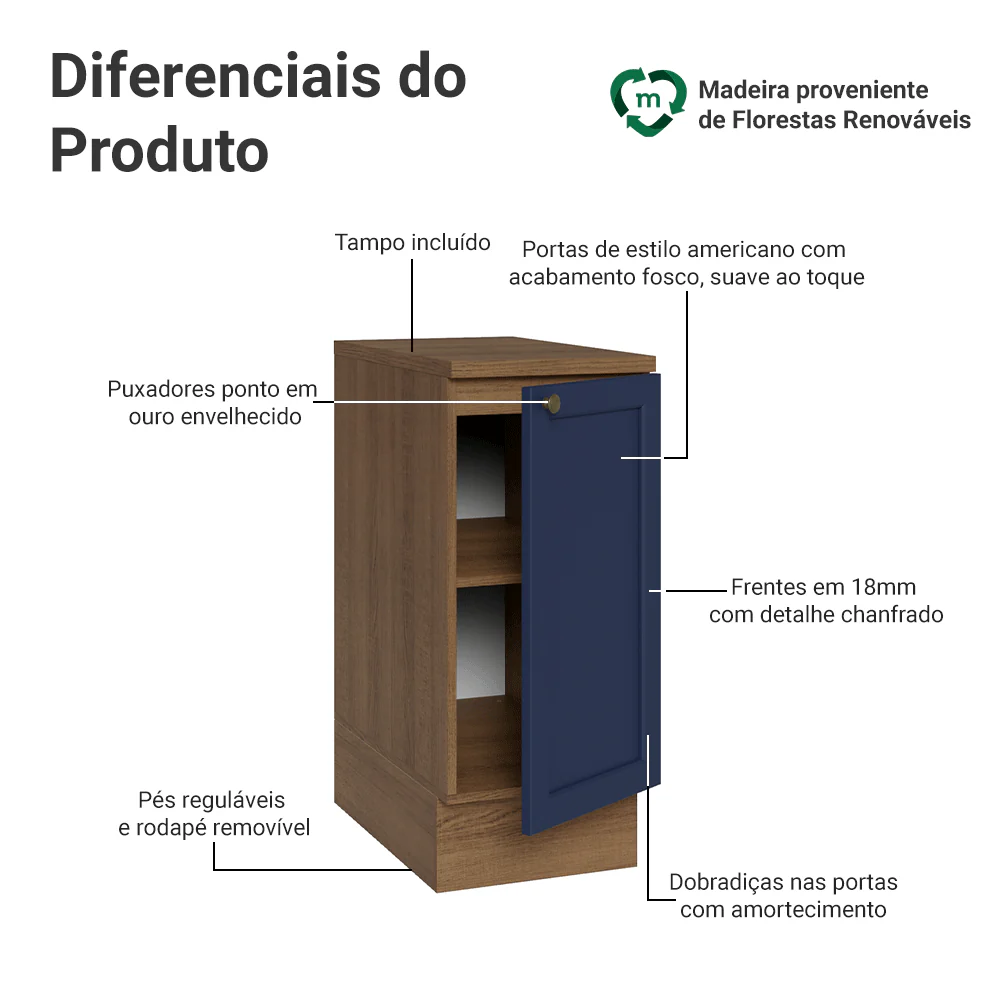 Balcão de Cozinha 35 x 60 cm 1 Porta (Com Tampo) Rustic/Azul Vik Madesa - Image 3