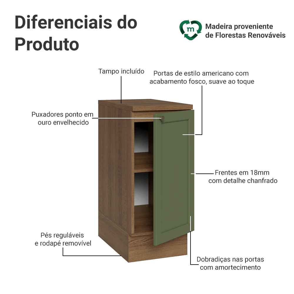 Balcão de Cozinha 35 x 60 cm 1 Porta (Com Tampo) Rustic/Verde Vik Madesa - Image 3