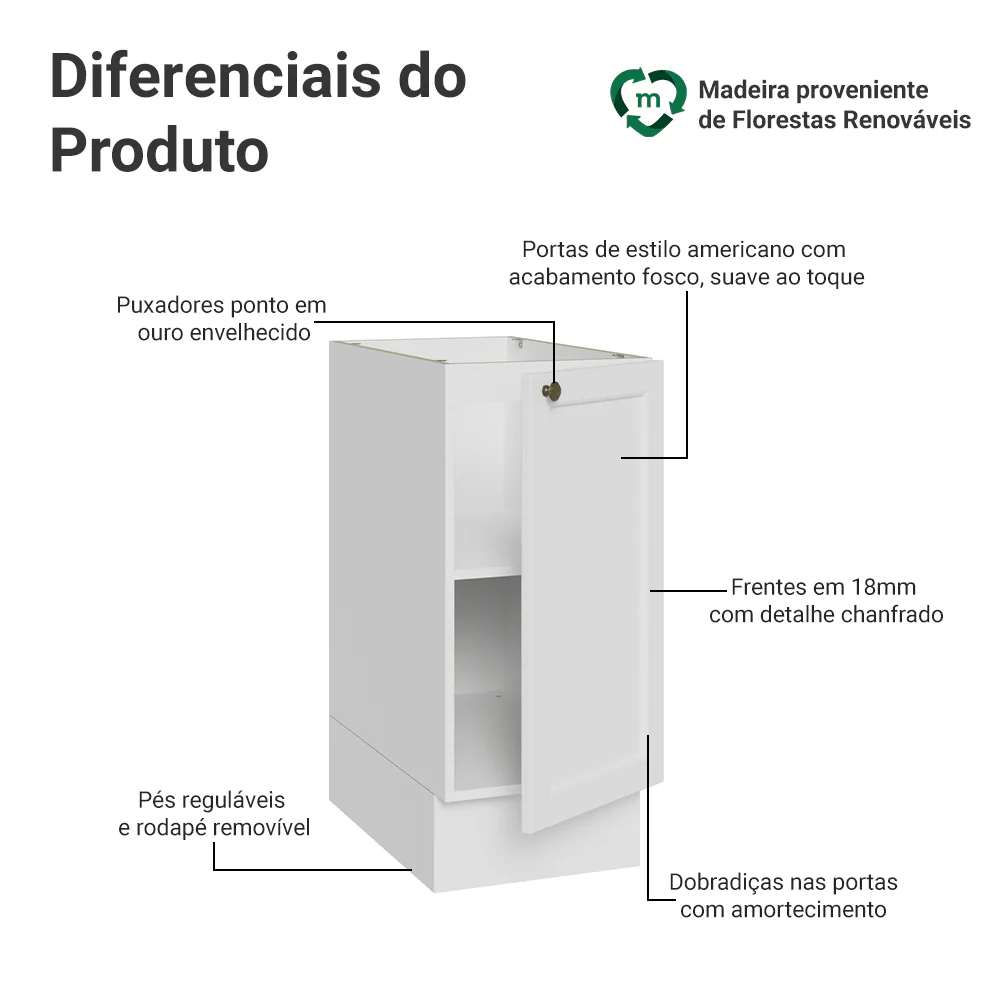 Balcão de Cozinha 35 x 60 cm 1 Porta (Sem Tampo) Branco Vik Madesa - Image 3