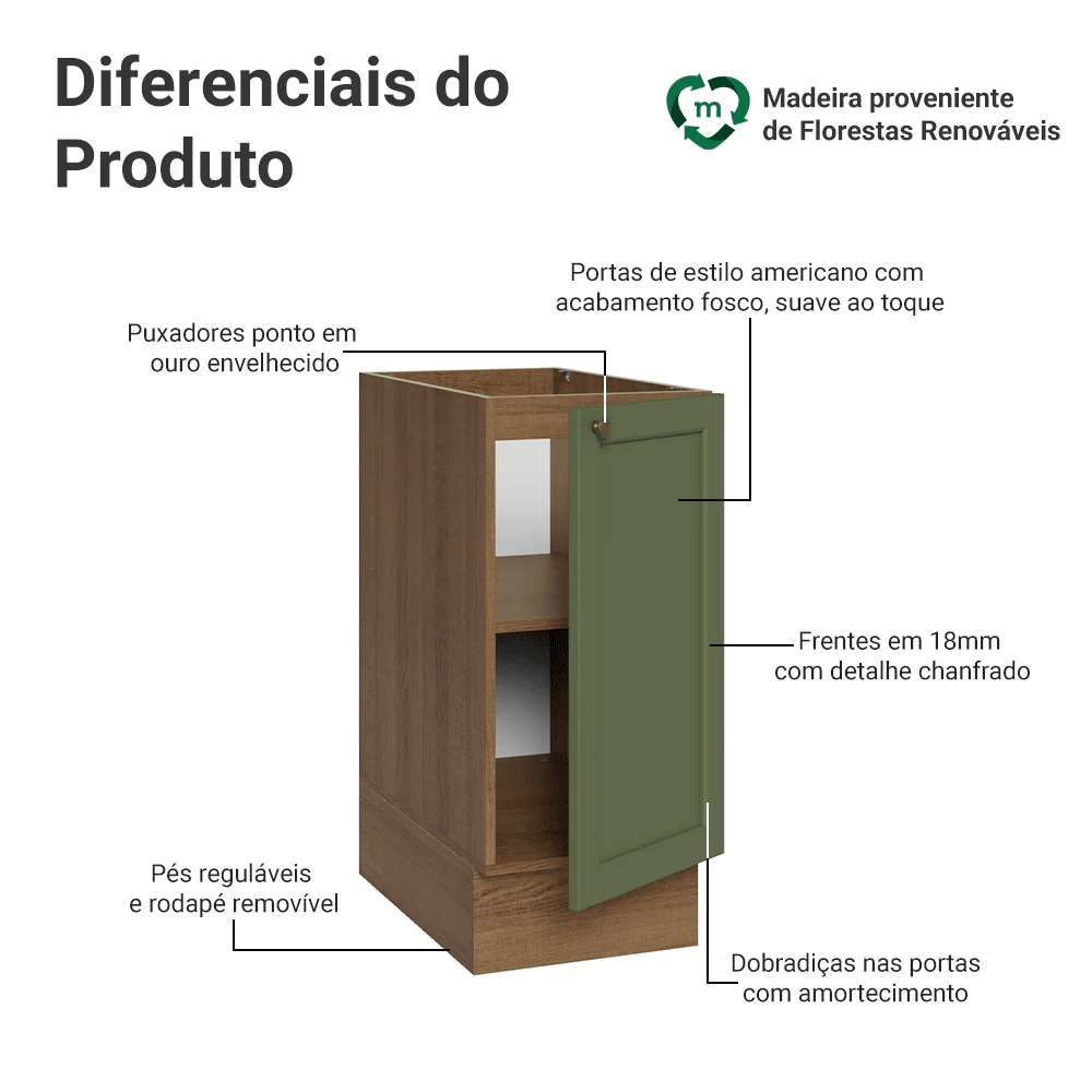 Balcão de Cozinha 35 x 60 cm 1 Porta (Sem Tampo) Rustic/Verde Vik Madesa - Image 3