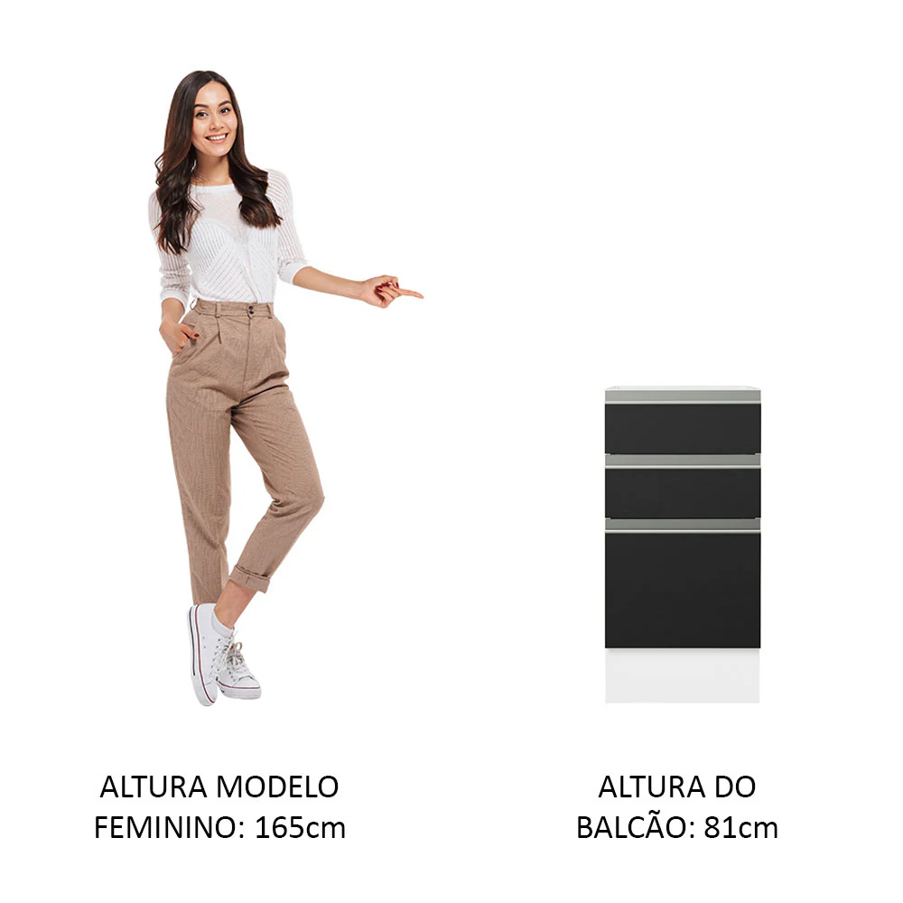 Balcão Cozinha 40 x 60 cm 3 Gavetas (Sem Tampo) Branco/Preto Glamy Madesa - Image 4
