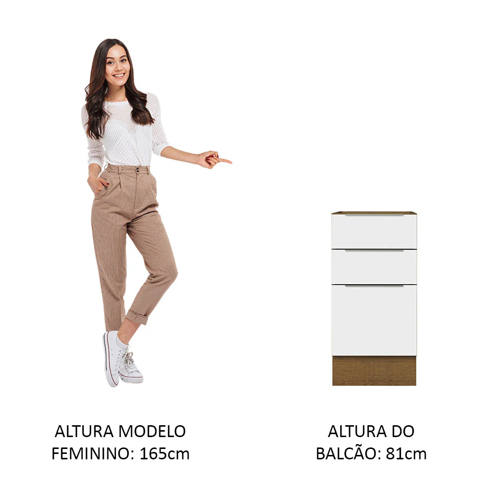 Balcão Cozinha 40 x 60 cm 3 Gavetas (Sem Tampo) Rustic/Branco Stella Madesa - Image 4