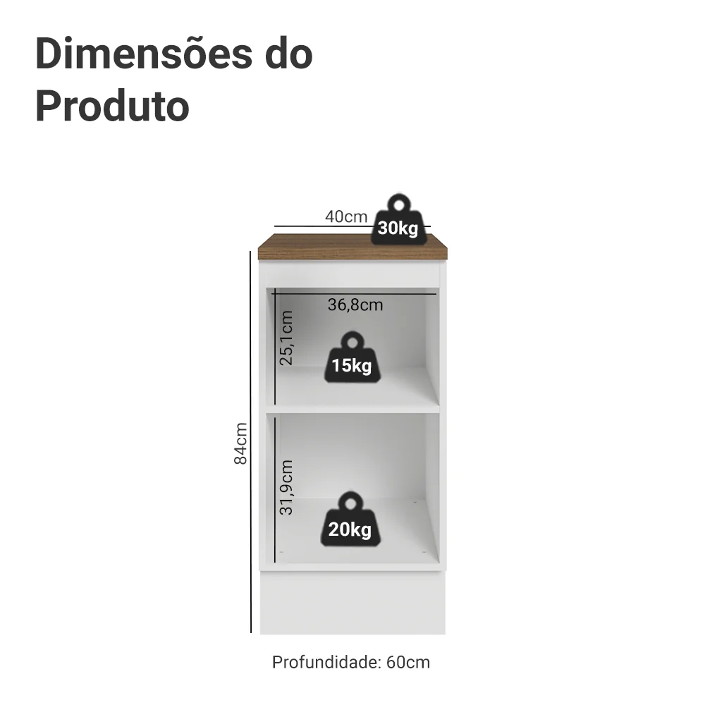 Balcão de Cozinha 40 x 60 cm 1 Porta (Com Tampo) Branco/Rustic Vik Madesa - Image 2