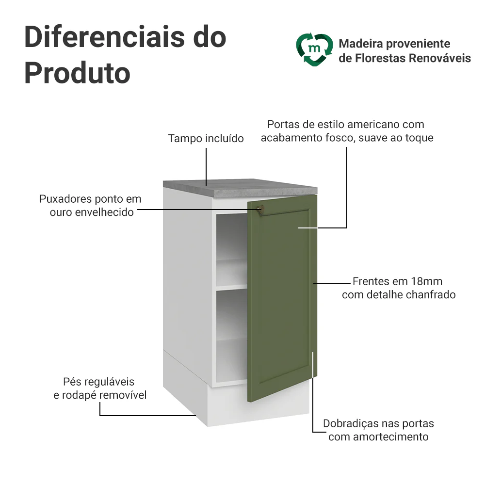 Balcão de Cozinha 40 x 60 cm 1 Porta (Com Tampo) Branco/Verde Vik Madesa - Image 3