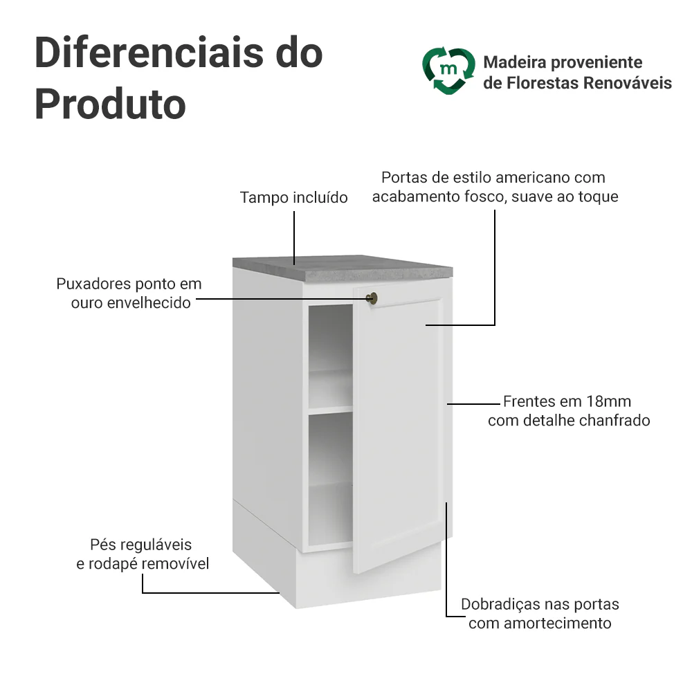 Balcão de Cozinha 40 x 60 cm 1 Porta (Com Tampo) Branco Vik Madesa - Image 3