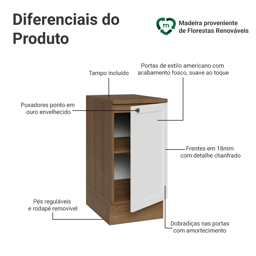 Balcão de Cozinha 40 x 60 cm 1 Porta (Com Tampo) Rustic/Branco Vik Madesa - Image 3
