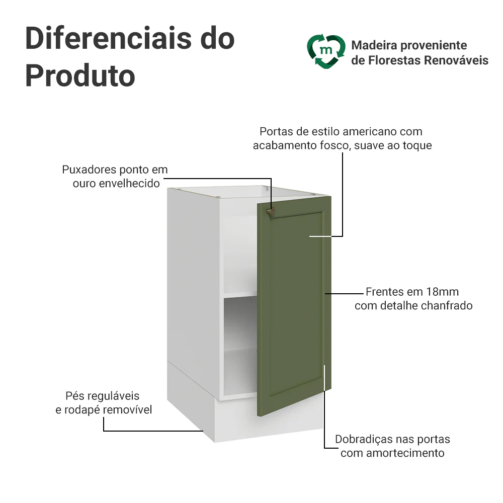 Balcão de Cozinha 40 x 60 cm 1 Porta (Sem Tampo) Branco/Verde Vik Madesa - Image 3
