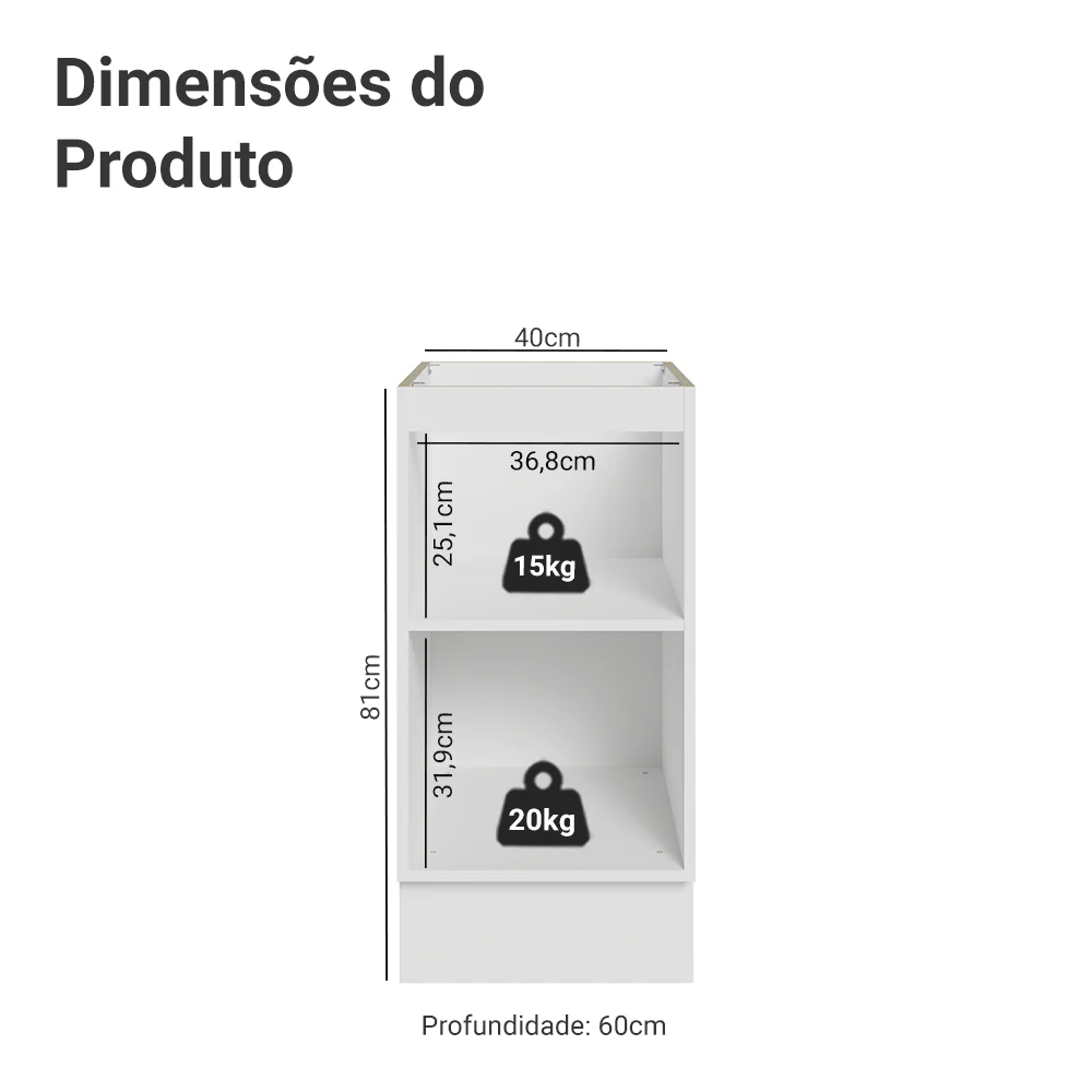 Balcão de Cozinha 40 x 60 cm 1 Porta (Sem Tampo) Branco Vik Madesa - Image 2