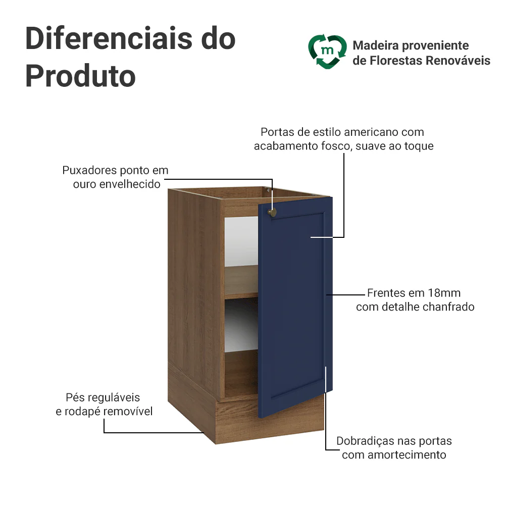 Balcão de Cozinha 40 x 60 cm 1 Porta (Sem Tampo) Rustic/Azul Vik Madesa - Image 3