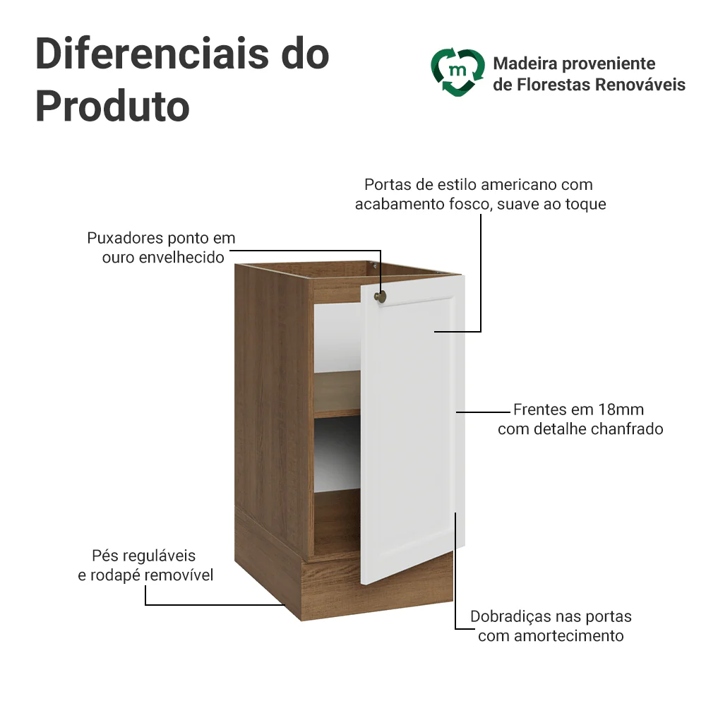 Balcão de Cozinha 40 x 60 cm 1 Porta (Sem Tampo) Rustic/Branco Vik Madesa - Image 3