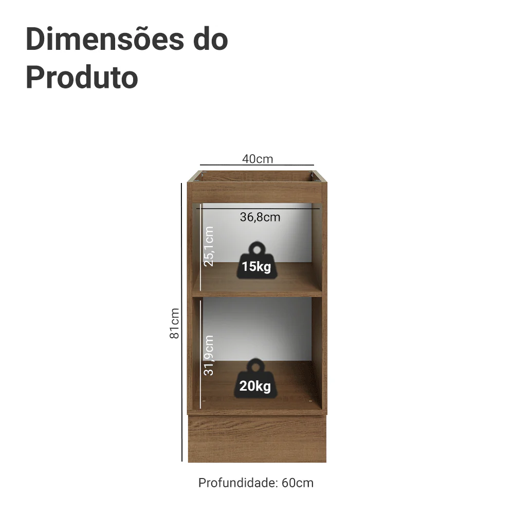 Balcão de Cozinha 40 x 60 cm 1 Porta (Sem Tampo) Rustic/Cinza Vik Madesa - Image 2