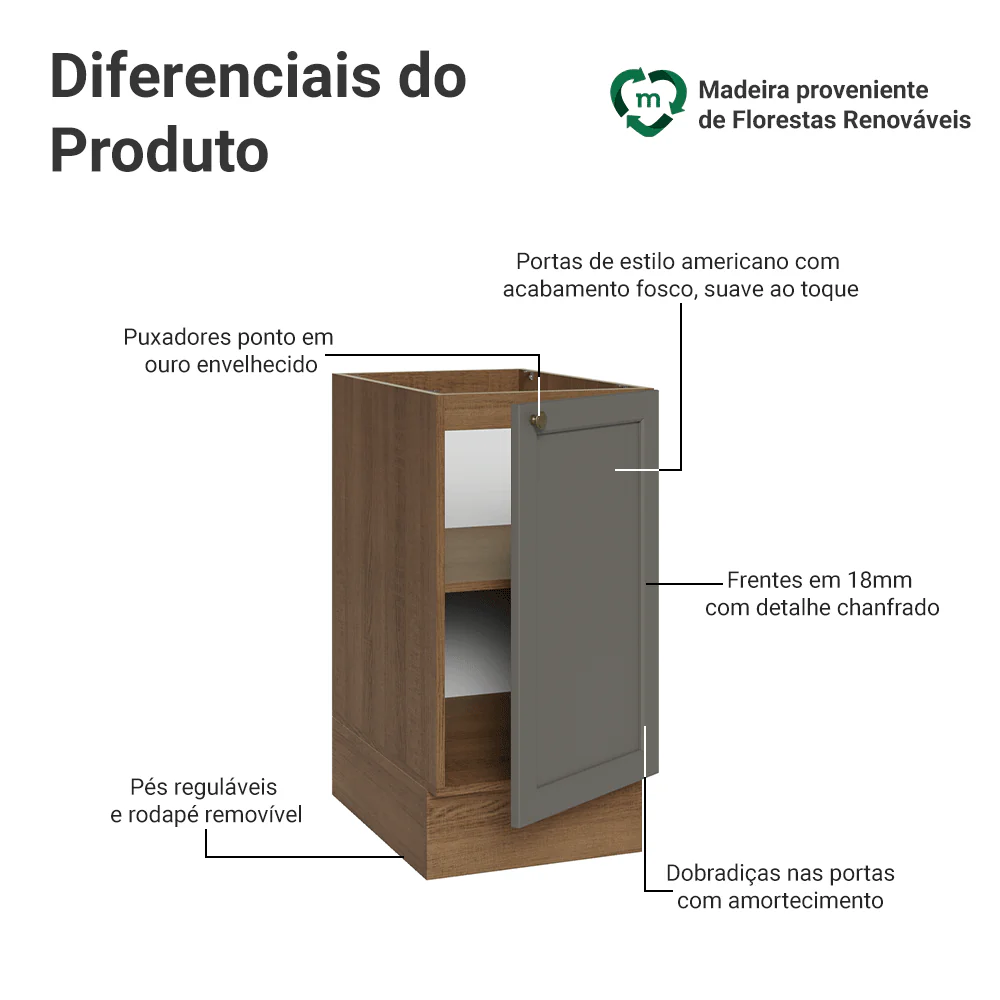 Balcão de Cozinha 40 x 60 cm 1 Porta (Sem Tampo) Rustic/Cinza Vik Madesa - Image 3