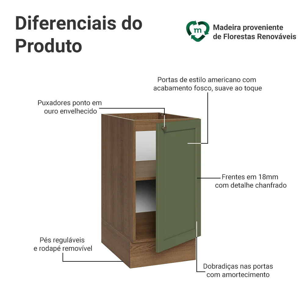 Balcão de Cozinha 40 x 60 cm 1 Porta (Sem Tampo) Rustic/Verde Vik Madesa - Image 3